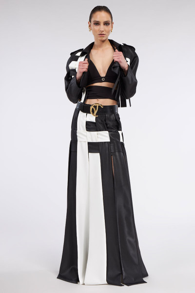 Two-Toned Leather-Look Maxi Thigh-High Paneled Split Skirt With Braided Detail