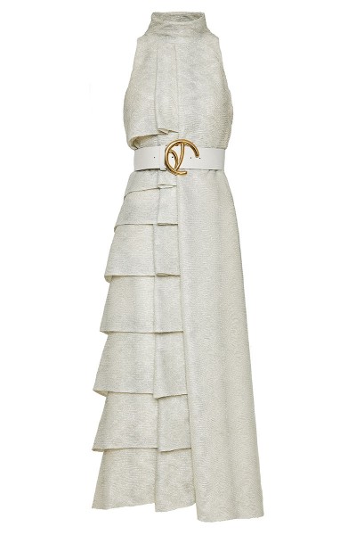 Asymmetric Tiered Maxi Dress In Opalescent Lurex Crêpe Textile