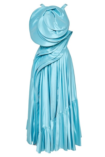 Ruffled Satin Duchess Midi Dress With 3D Bodice