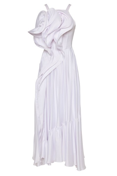 Ruffled Satin Midi Dress With 3D Bodice