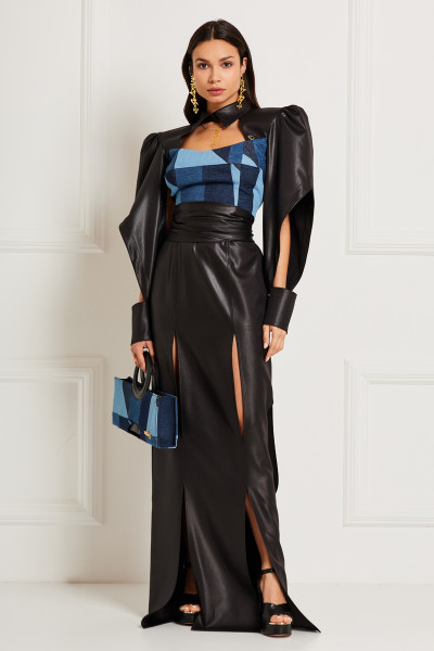 Puzzle-Edge Patchwork Cut-Out Maxi Dress With Cuffed Sleeves & Slit Hem In Leather-Finish - Denim Textiles Blend