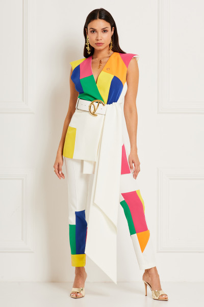ColorBlock Puzzle Patchwork Vest With Padded  Shoulders & Asymmetric Hemline In Crepe Textile