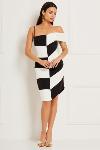 Asymmetric-Shoulder Midi Dress With Geometric Pattern In Double Color Crepe Textile