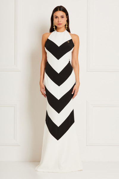 Halter-Neck Mermaid Dress With Plunging Back & Geometric Pattern In Double Color Crepe Textile