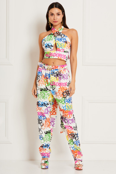 Graffiti Print Cut-Out Top With Cross Halter Neck & Belts In Crepe Textile