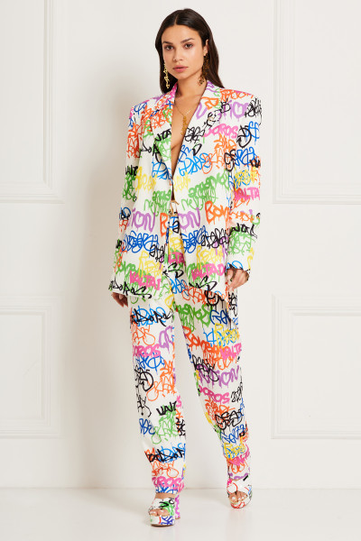 Relaxed Pleat-Front Pants With High-Waist Belt Band & Slash Pockets In Graffiti Print Crepe Textile
