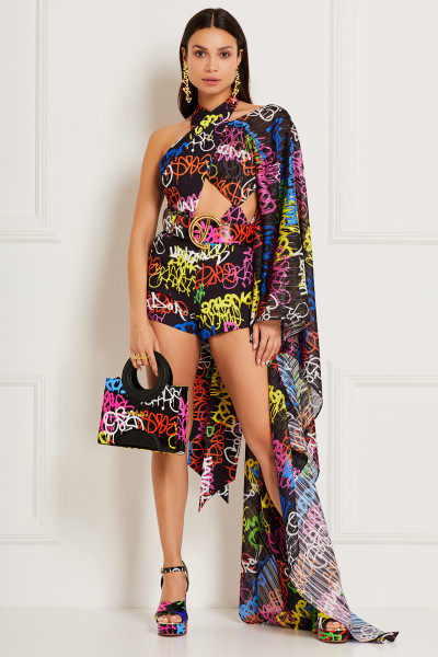 Graffiti Print Cut-Out Playsuit With Cross Halter Neck & Sweeping Sleeve In Metallic-Thread Textiles Blend