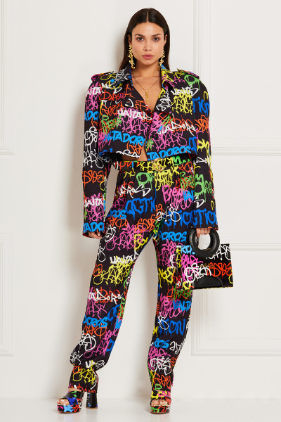 Graffiti Print Cropped Boxy Jacket With Epaulettes In Crepe Textile