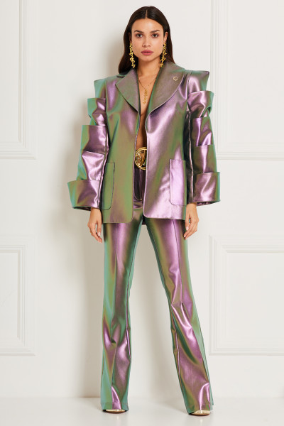 Iridescent Blazer Jacket With Sharp Shoulders &  Geometric Tiered Sleeves In Soft Vinyl-Finish Textile