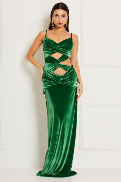 Triple-Knot Strapped Maxi Dress With Draped Cut-Out Waist & V-Neck In Velvet Chiffon
