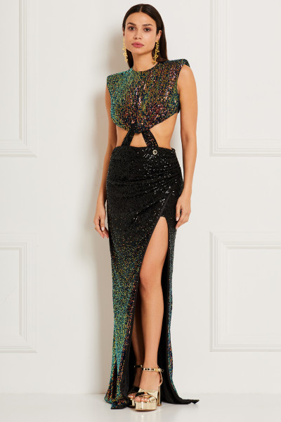 Knotted Separates Draped Maxi Dress With Bare Back & Thigh-High Slit In Iridescent Sequin Textile