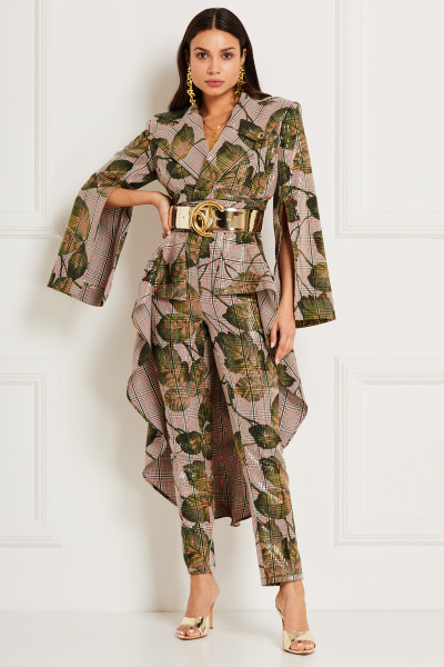 Floral Tartan Asymmetric Jacket With Long Cascading Back & Slit Sleeves In Sequin-Beaded Gabardine