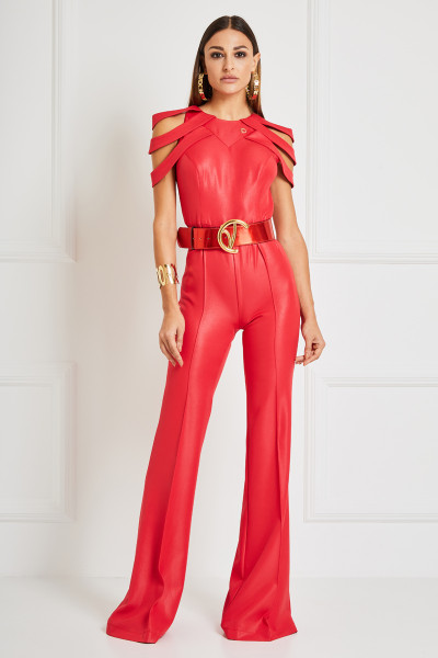 Belted Jumpsuit With Cut-Out Shoulders & Pintucked Flare Pants In Leather Finish Textile