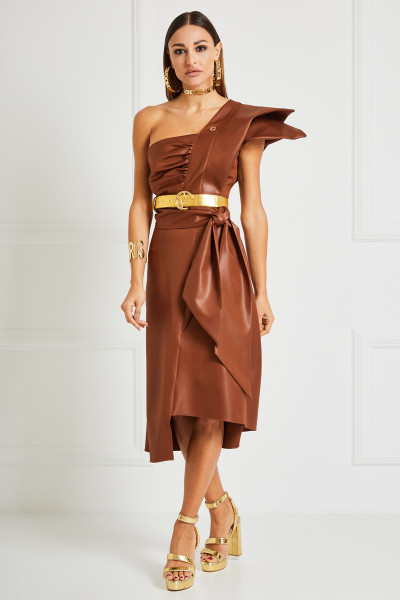 Asymmetric Dress With Structured 3D Layered Sharp Shoulder & Belts In Leather Finish Textile