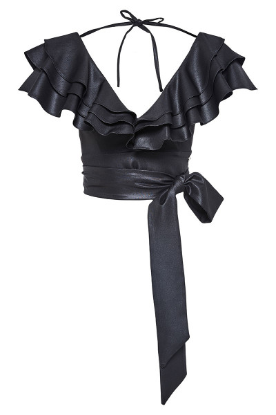 Wraparound Leather Look Top With Ruffle Detail Shoulders