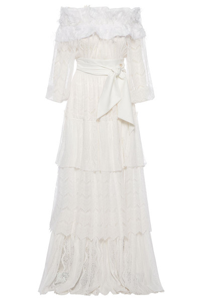 Off-The-Shoulder Tiered Ruffle Maxi Lace Dress With Puffed Bell Sleeves And Fringe Detailed Neckline