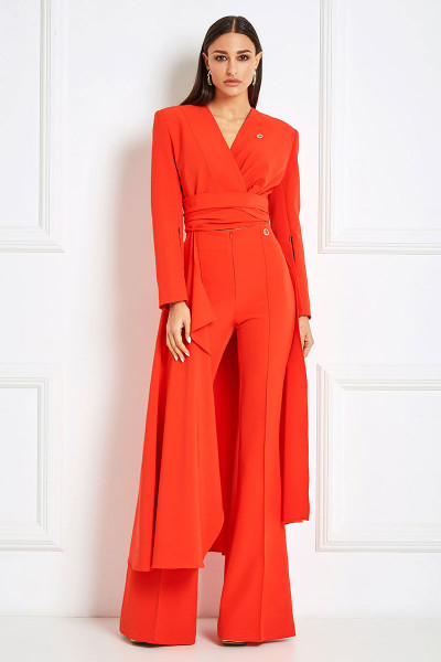 Plunging-Neck Asymmetrical Jacket With Long Split Sleeves & Belts