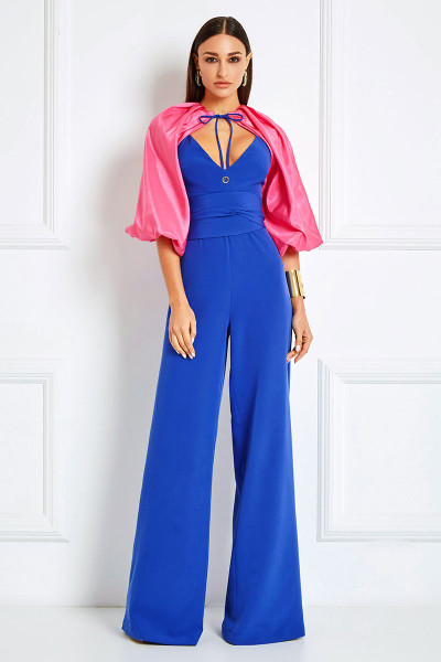 Plunging Neckline Jumpsuit With Long Puff Taffeta Sleeves & Choker Tie-Front Detail
