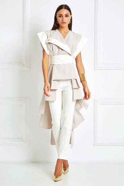 High-Low Belted Vest With Color-Block Details & Geometric Tiered Hem