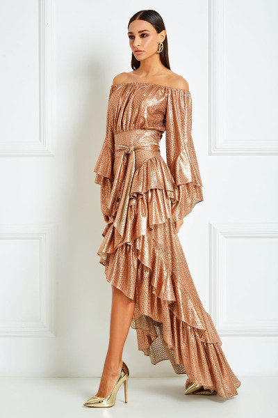 Off-Shoulder Dress With Layer-Pleated Asymmetrical Hemline & Belts In Metallic Rose Gold Lace