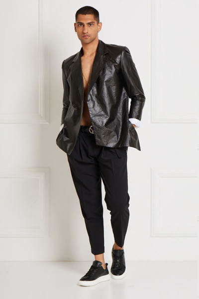 Paper-Look Straight-Lined Lapelled Blazer With Asymmetric Hem