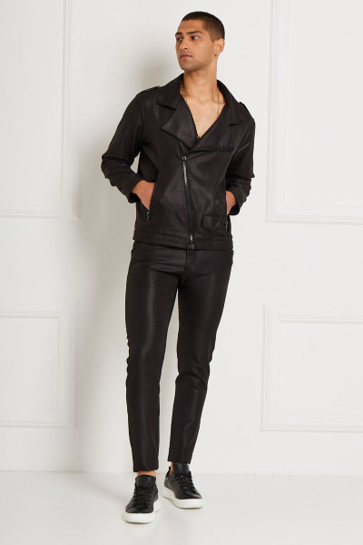 Leather-Look Waist-High Lapelled Jacket With Pockets And Crossed Zipper