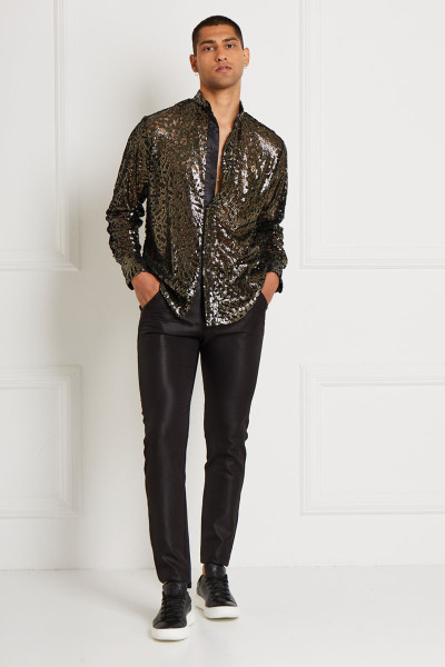Mao-Collared Sequined Shirt With Transparent Detail