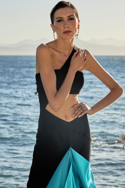 One-Shoulder Maxi Dress With Openings And Cascading Oversized Ruffle