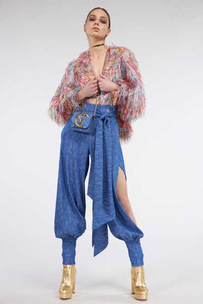 Denim-Look Pants With Slit Sides, Long Matching Belt And Fitted Hems
