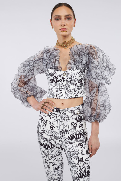 Graffiti Print Corsetry With Puff Sleeves - Satin Textiles Blend