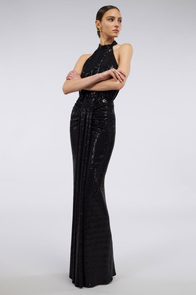 All-Over Sequined Mermaid Maxi Skirt With Front Pleated Layer