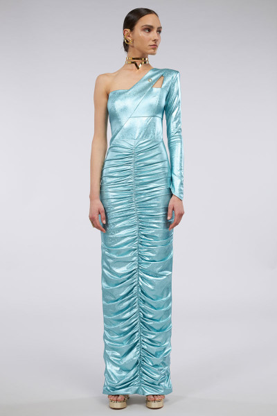 One-Shoulder Shiny-Effect Ruched Maxi Dress With Cut-Outs And Key-Hole Back