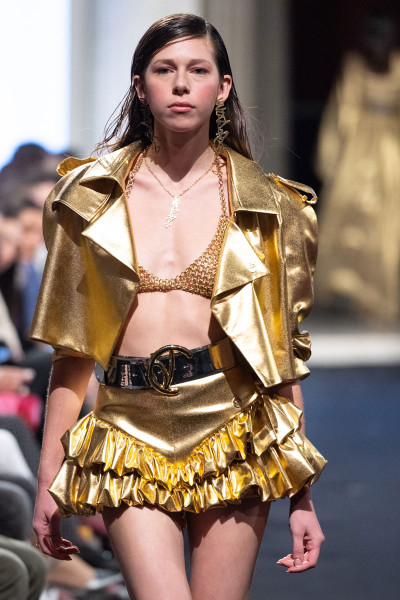 Crop Lapelled Jacket With Lapels And Epaulettes In Shiny Golden Shade