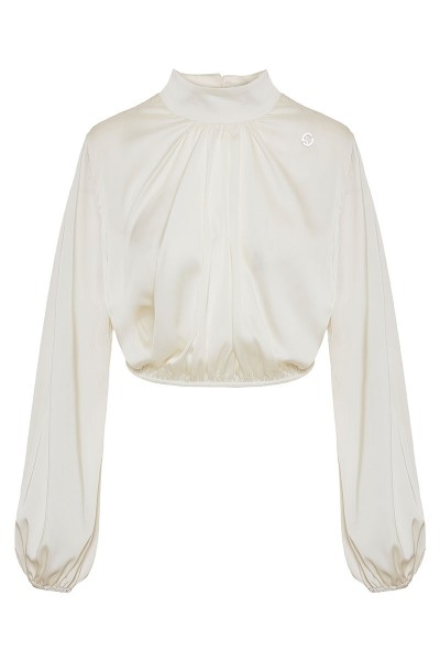 Mock-Collar Satin Crop Top With Front Pleats