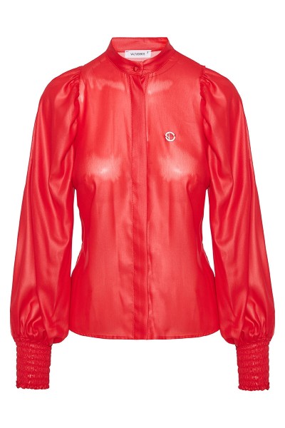 Leather Chiffon Shirt With Mao Collar And Puffed Sleeves