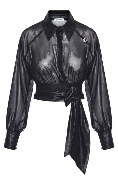 Leather Chiffon Lacquer Wraparound Crop Shirt