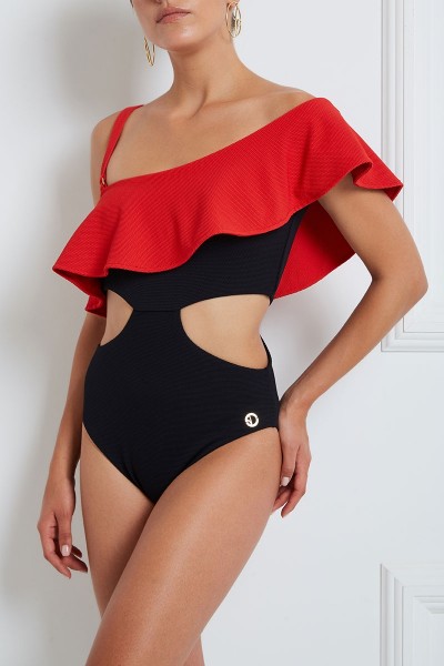One-Piece Cut-Out Swimsuit With One-Shoulder Flounce Neckline
