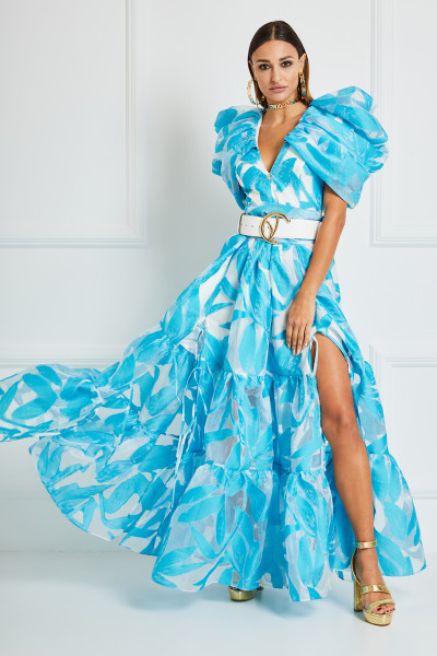 Tiered Belted Maxi Dress With Draped Puff Shoulders & Plunging Neck In Brocade Organza