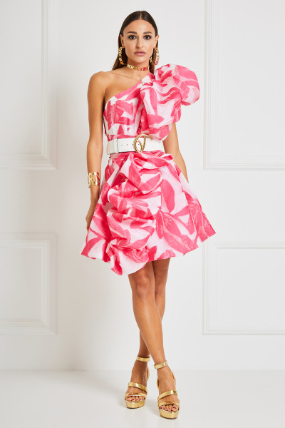 Structured Balloon Dress With One Shoulder & Draped Puff Details In Brocade Organza