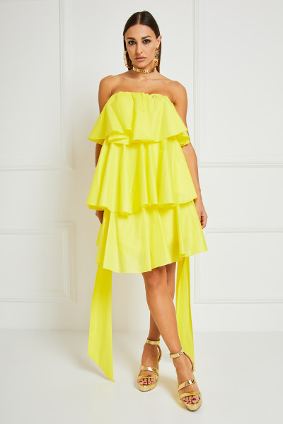 Strapless Cocktail Dress With Cascading Ruffled Volume & Belts In Silk-Finish Cotton Textile 