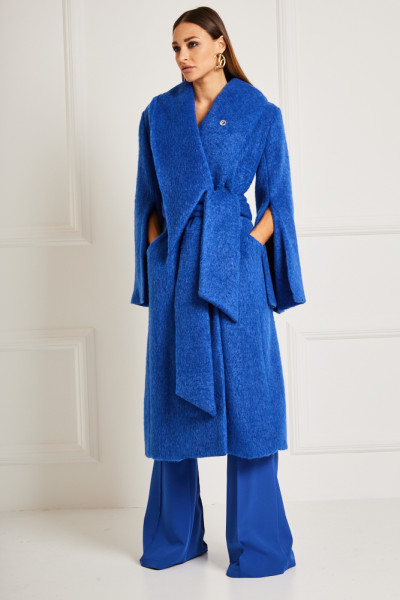 Long Belted Coat With Oversized Statement Lapel & Split Sleeves In Faux Fur