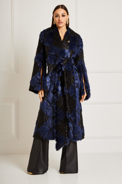 Long Belted Coat With Oversized Statement Lapel & Split Sleeves In Lurex Tartan Faux Fur