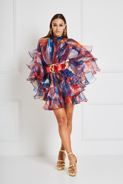Belted Shirt-Dress With Mandarin Collar & Cascading Ruffled Sleeves In Printed Organza