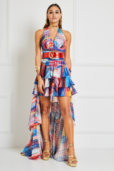 Belted Backless Dress With Plunging Halter Neck & Cascading High-Low Hem In 3D-Print Textile