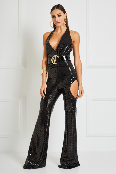 Plunging-Neck Sleeveless Jumpsuit With Cut-Out & Flare Pants In Checked Mirror Chainmail Textile