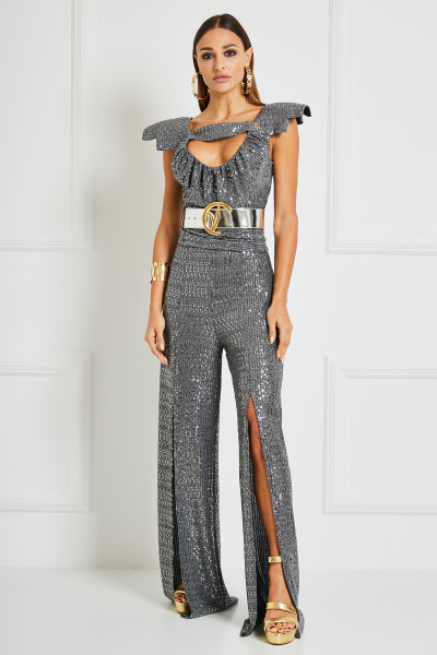 Cut-Out Jumpsuit With Structured Boxy Shoulders & Split Legs In Sequined Chainmail Textile