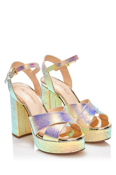 Iridescent Cross-Strap High-Heeled Sandals With Chunky Heels & VALTADOROS Logo Details