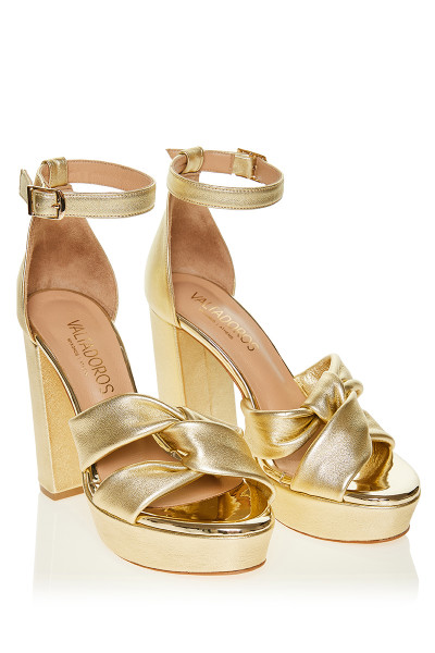 Cross Knot Sandals With Open Chunky High Heels In Matte Gold Leather
