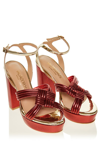 Raffia Knot Sandals With Open Chunky High Heels In Two-Tone Patent-Matte Leather Blend