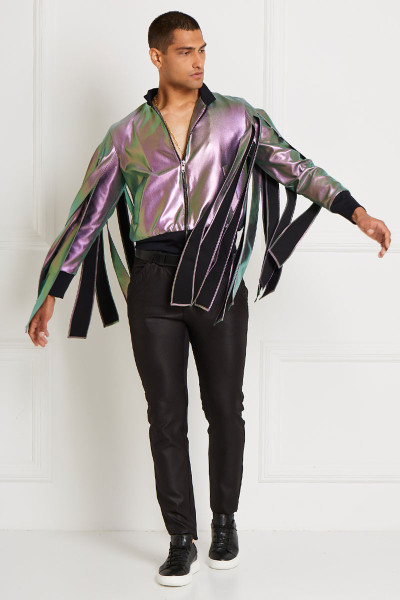 Iridescent Waist-High Jacket With Long Paneled Split Sleeves And Side Pockets